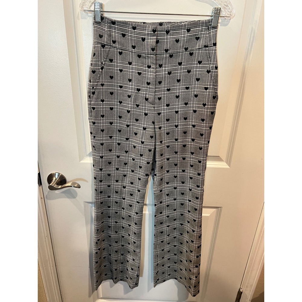 Halogen Women Dress Pants Heart Flocked Glen Plaid Black White 2